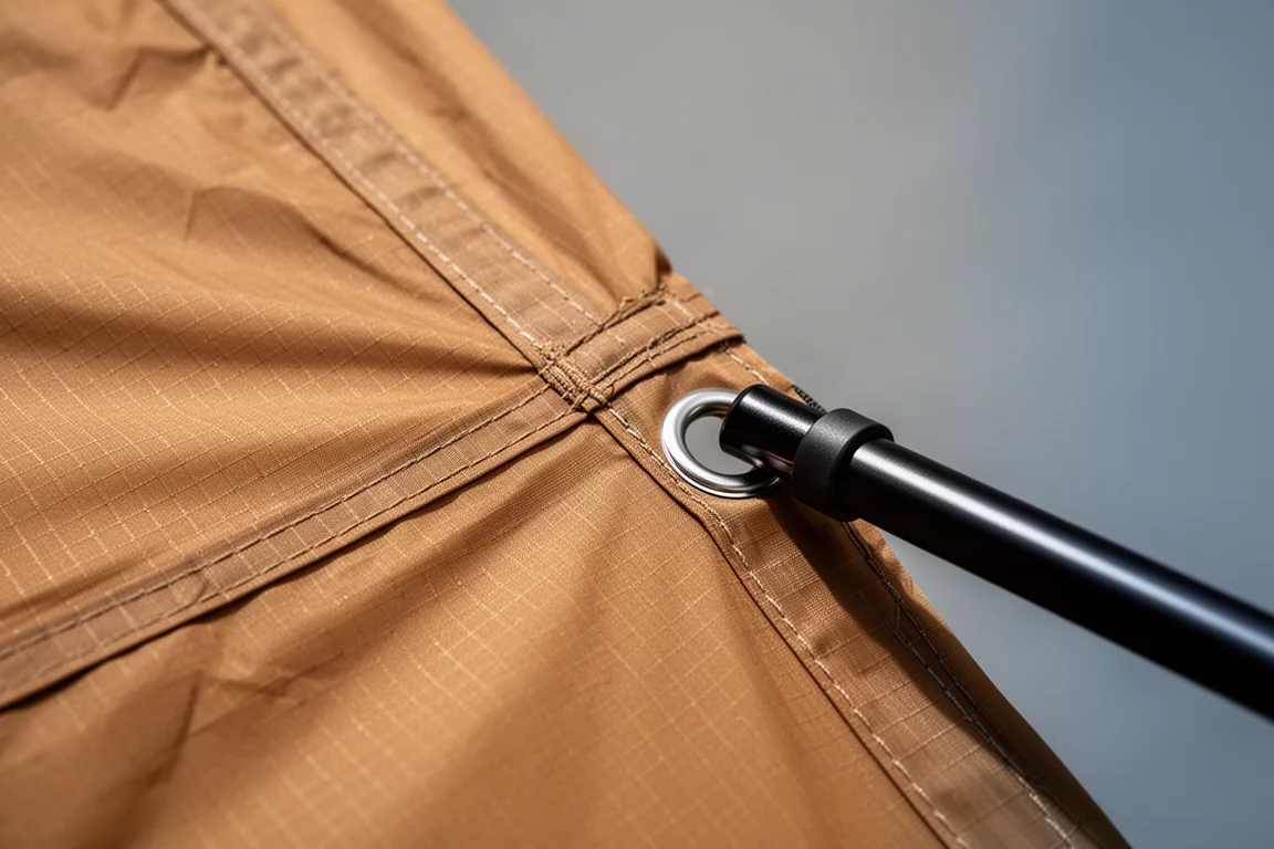 Close-up of ripstop nylon tent fabric with a taped seam and a black aluminum pole tip
