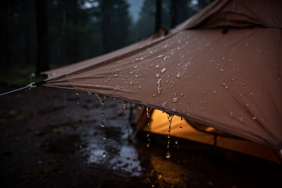 Rain beading on tent fly fabric at night with a warm light glowing inside