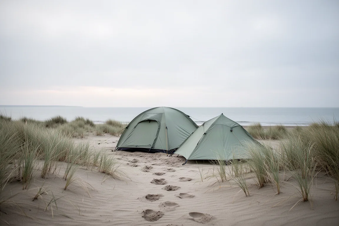 Quiet coastal campsite at first light with a low tent among dune grass