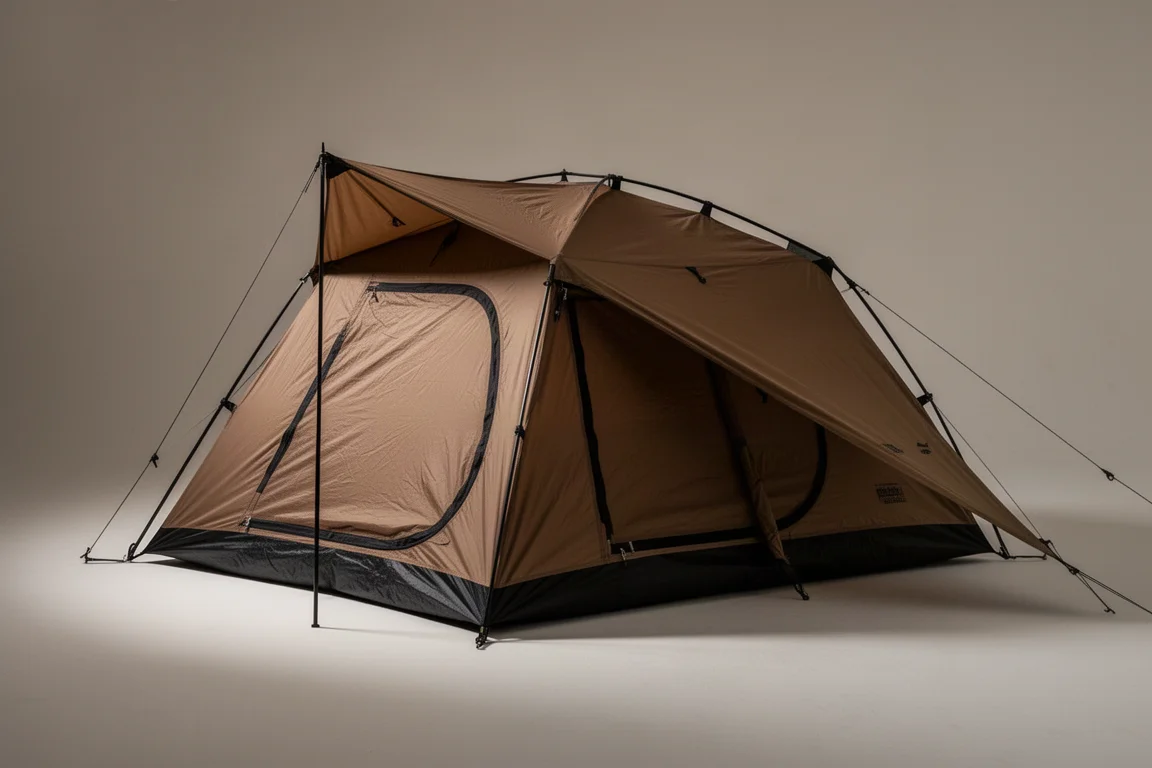 Coyote brown two-person tent pitched on a neutral studio backdrop at a three-quarter angle