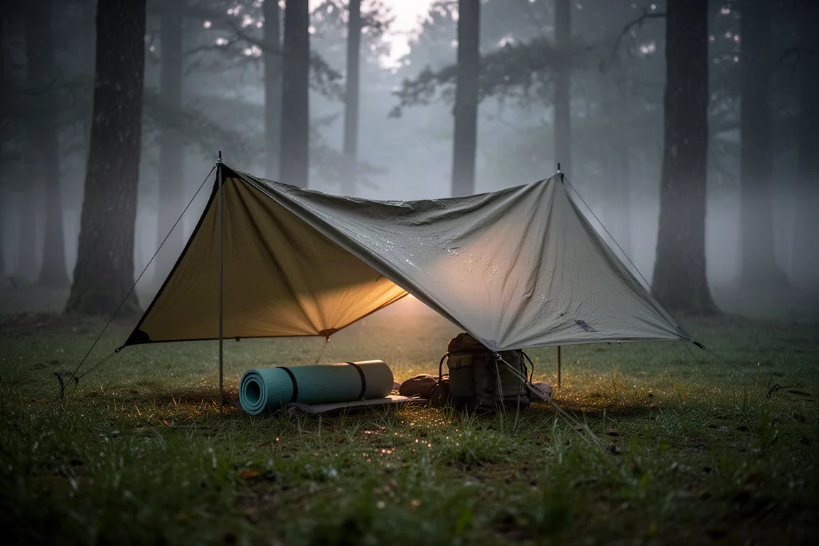 Vierkante campingtarp opgezet als lage schuilplaats tussen bomen in een mistig bos bij zonsopgang