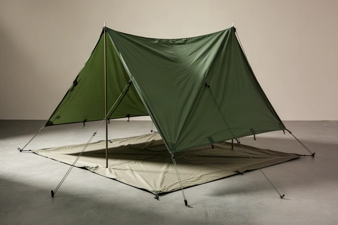 Green square camping tarp pitched in an A-frame configuration on a neutral surface