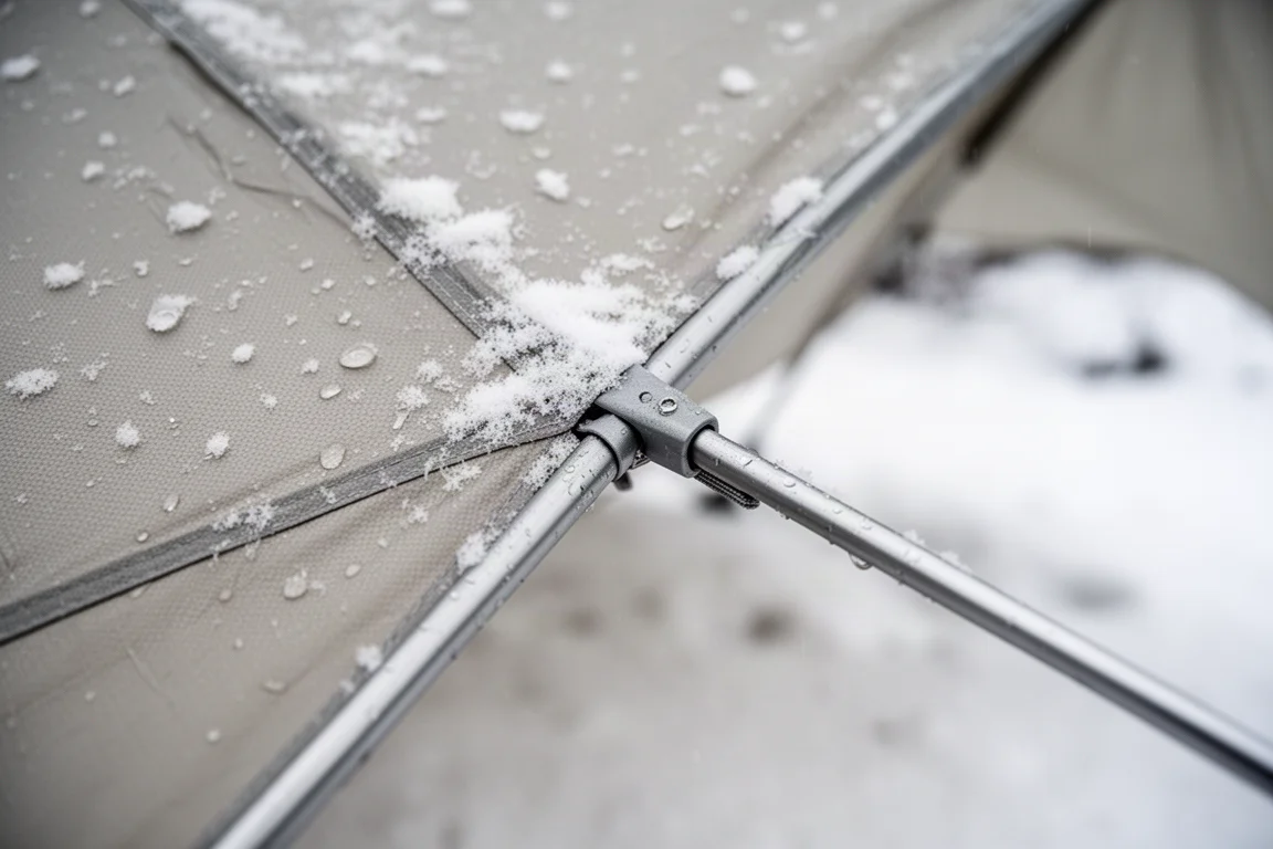 Zbliżenie na tkaninę namiotu i aluminiowy stelaż obsypany świeżym śniegiem