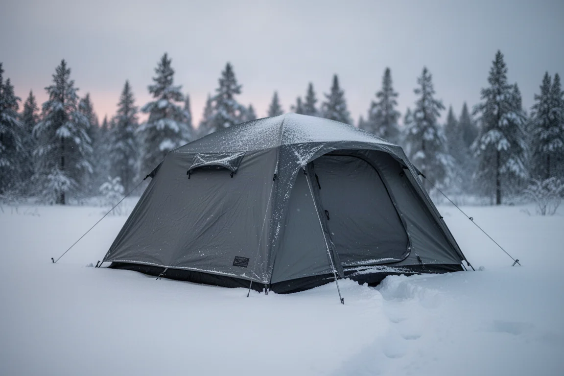 Four-season tent pitched on a snowy clearing at blue hour with pines in the background