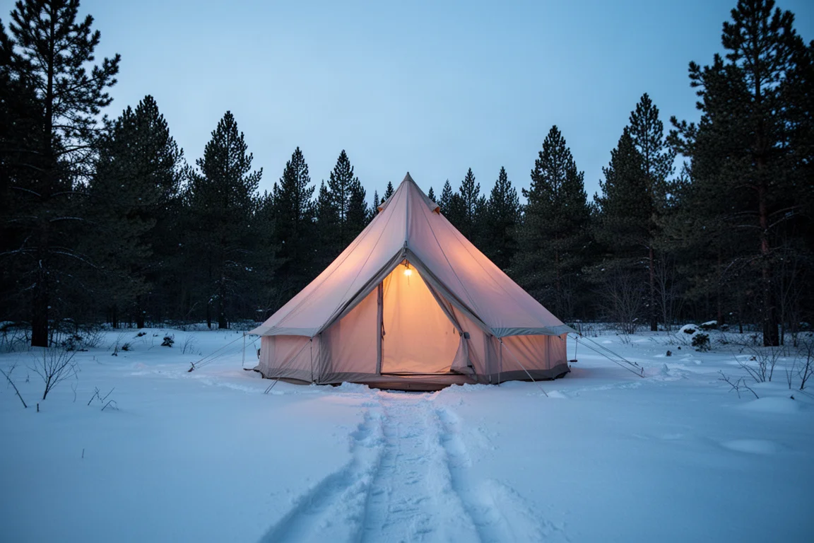 Pequeña tienda de campaña sola en un claro herboso durante una lluvia constante