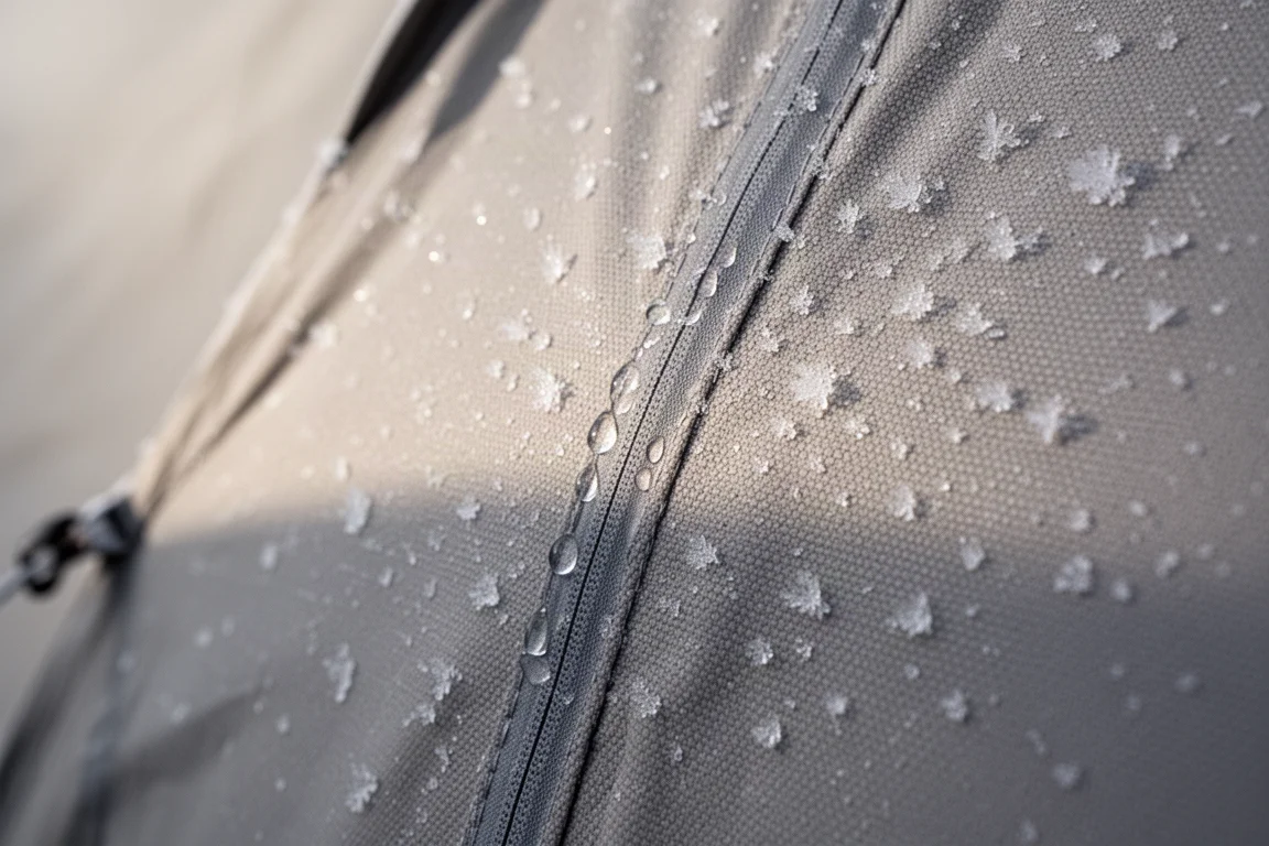Primer plano de la lluvia resbalando por la tela tensa de la cubierta exterior gris oliva