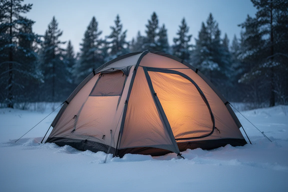 Fabric-bodied four-season tent pitched on snow at dusk with warm interior glow