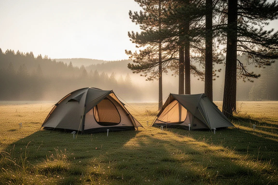 Tente deux places montée sur un camping forestier herbeux dans une lumière dorée du soir