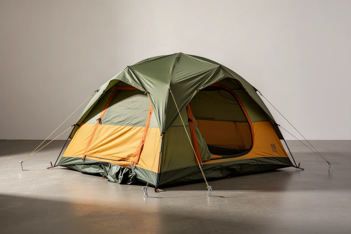 Green and yellow two-person camping tent pitched on a neutral studio surface