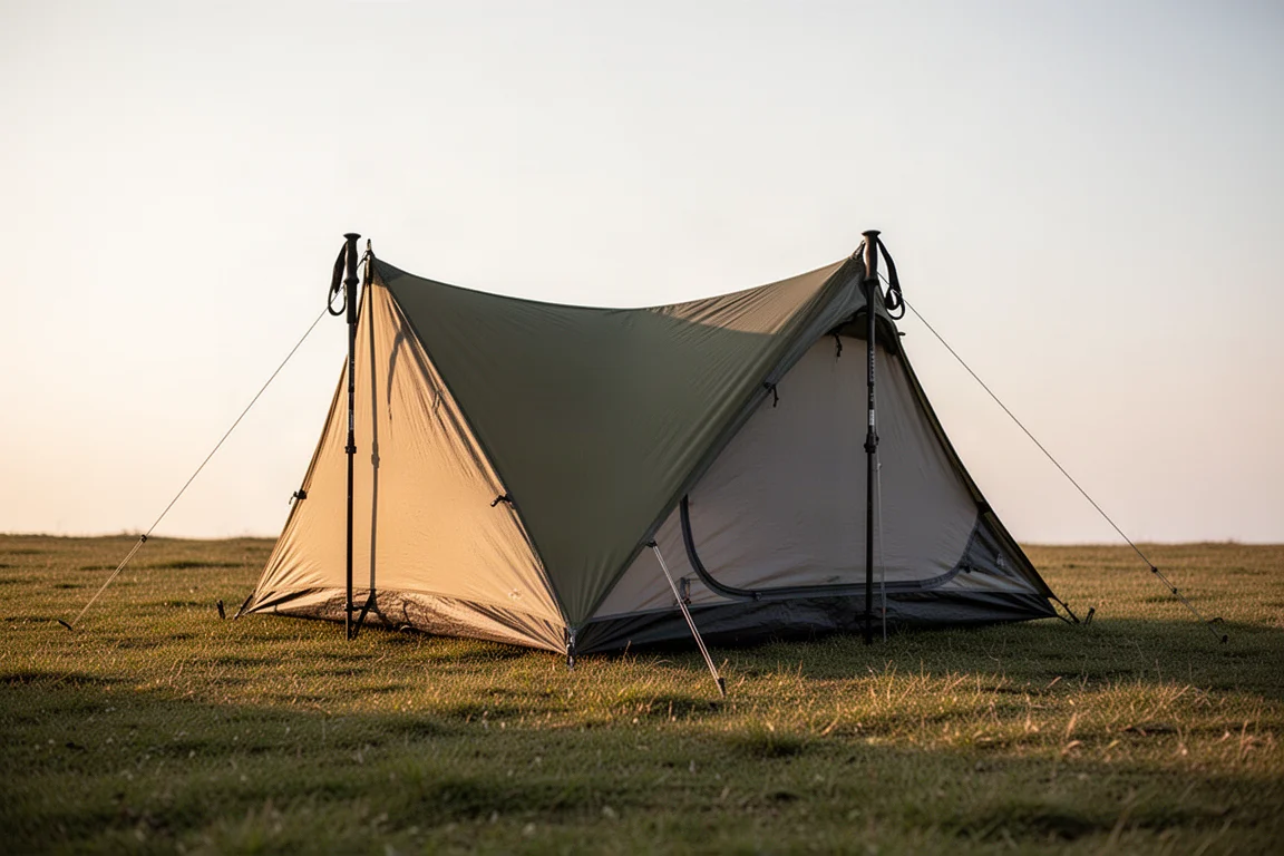 Tenda leggera da due persone per bastoncini da trekking montata sull'erba durante l'ora d'oro con telo esterno oliva