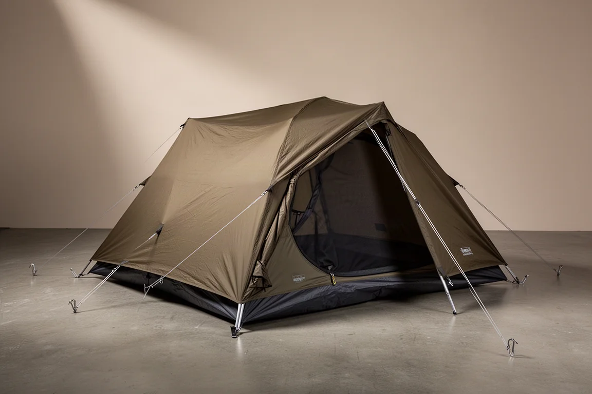 Tenda da campeggio a due strati verde oliva dal profilo basso, montata tesa su una superficie in cemento