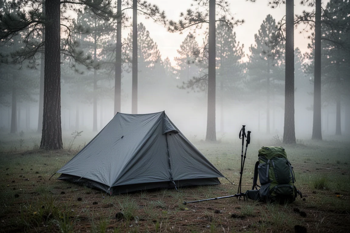Fyrkantigt grått tarptält uppsatt i en skogsglänta i gryningen med en ryggsäck i närheten