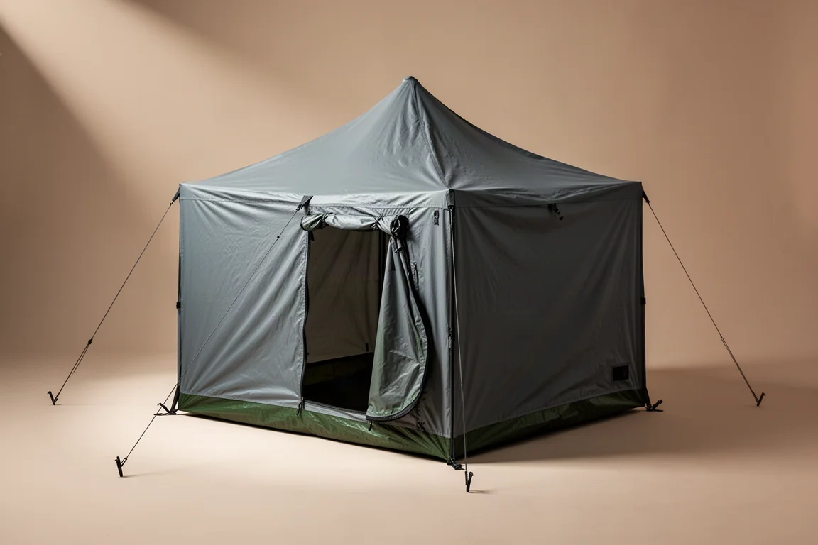 Square gray OneTigris Tetra 130 tarp tent pitched on a neutral studio backdrop