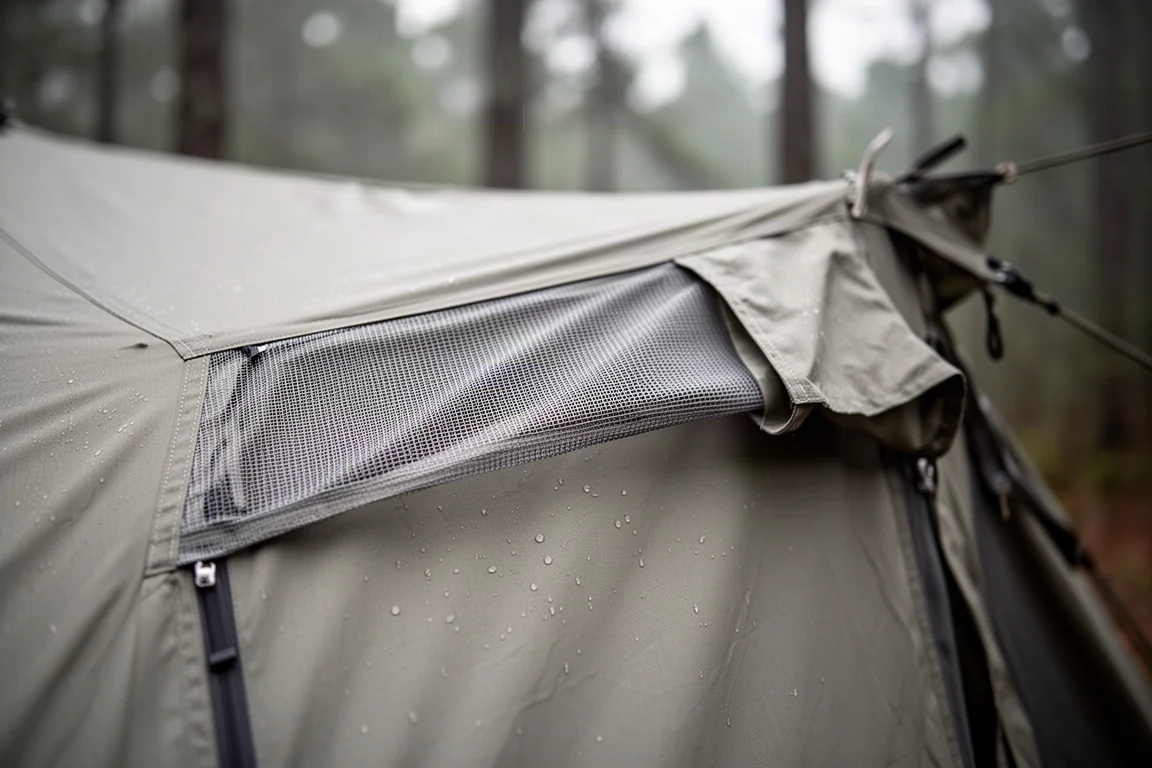 Nahaufnahme eines taubedeckten Mesh-Lüftungsfelds an der Rückseite eines Tarp-Zelts