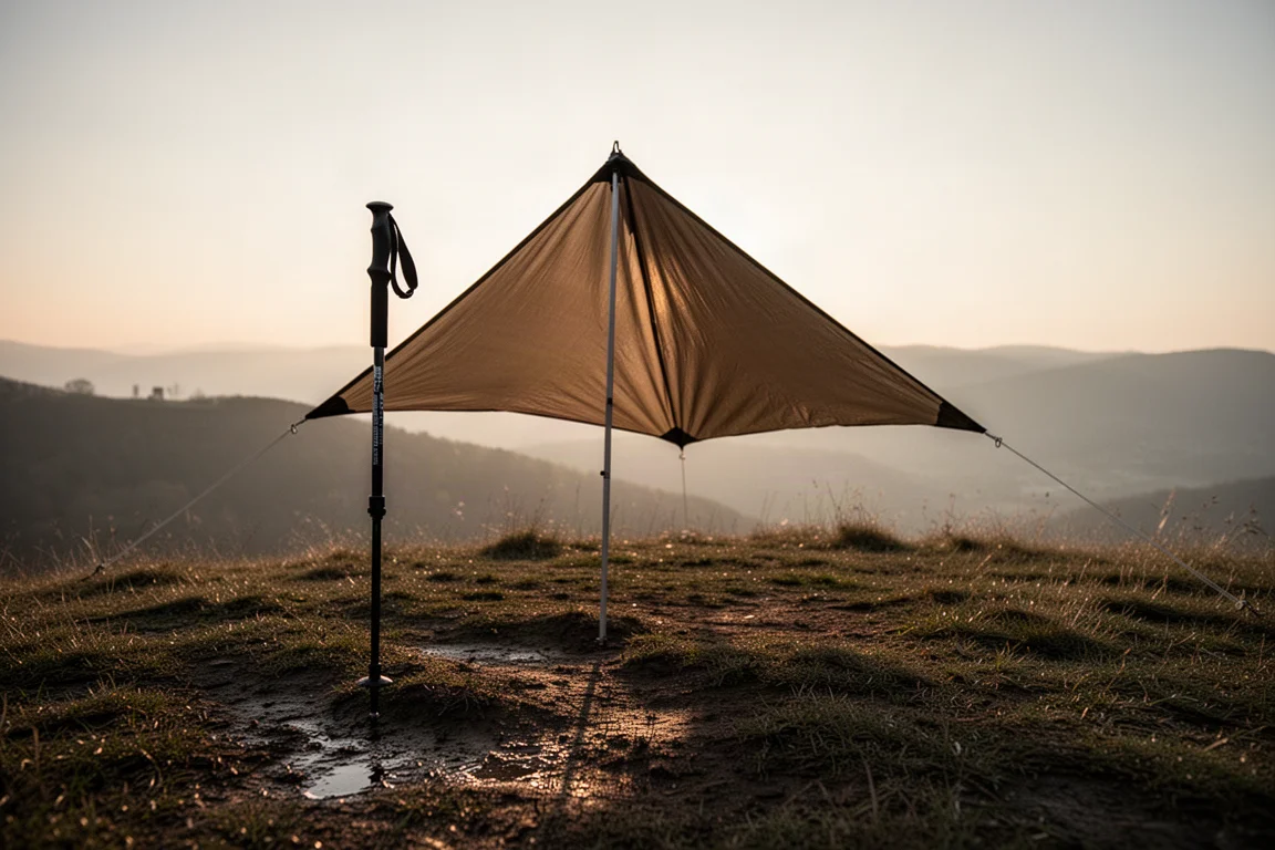 Trekkingstock stützt die Spitze eines Tarp-Shelters auf einem grasbewachsenen Grat in der Dämmerung