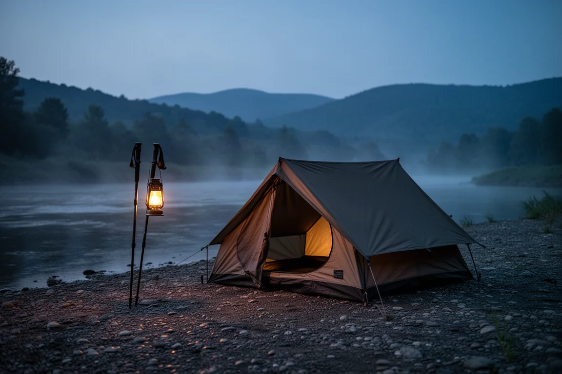 Niedriges Tarp-Zelt leuchtet auf einem Campingplatz am Flussufer während der blauen Stunde