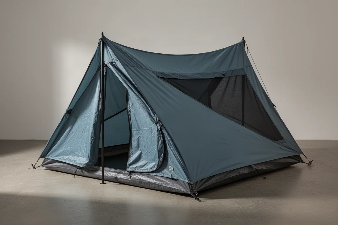Square single-wall tarp tent in bluish gray pitched on a matte concrete surface