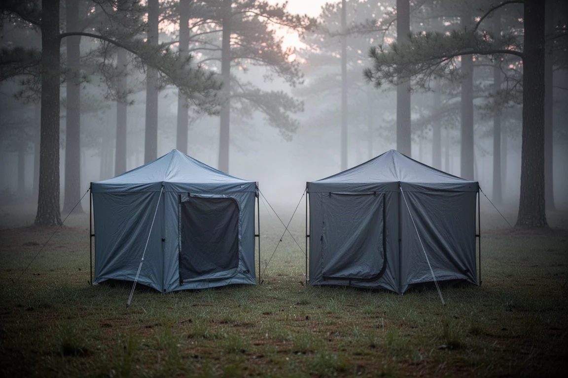 Zwei quadratische Camping-Shelter bei Dämmerung nebeneinander auf einer nebligen Waldlichtung aufgebaut
