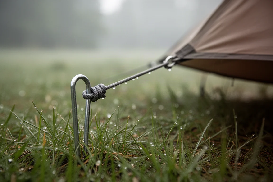 Nahaufnahme eines Heringes mit kurzer Kordelschlaufe in feuchtem Gras neben einer Abspannleine