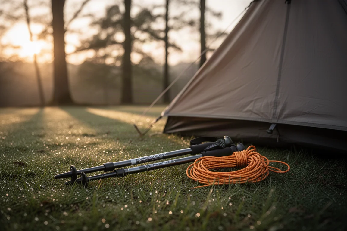 Trekkingstöcke und aufgerollte Abspannleinen auf Gras neben einem aufgebauten Shelter bei Sonnenaufgang