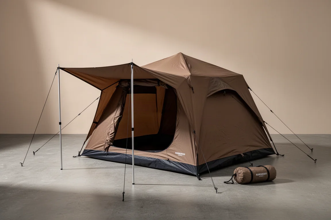 Gray-blue teepee camping tent pitched on a neutral studio backdrop