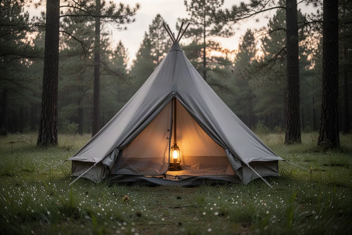 Tienda de campaña tipo tipi brillando en un claro boscoso y herboso al atardecer