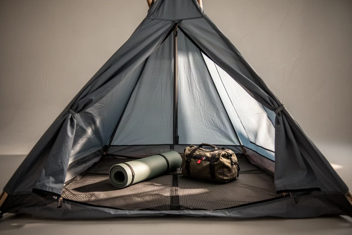Interior de uma barraca teepee com isolante térmico e bolsa no piso de tela