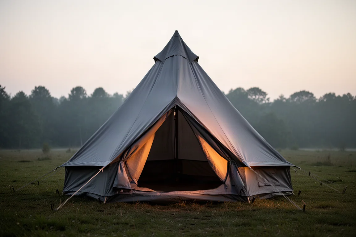 Barraca teepee montada em camping gramado ao anoitecer com o alpendre aberto