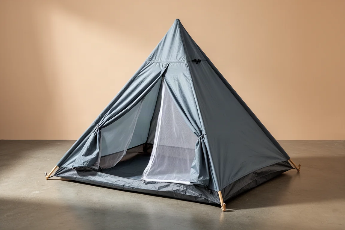 Grey-blue teepee tent pitched on concrete with the door flap open