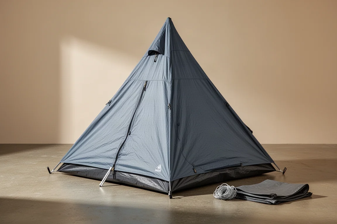 Gray-blue teepee camping tent pitched on concrete with tarp and guyline nearby