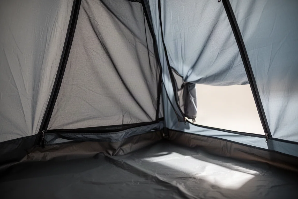 Vista interior de un refugio de un solo poste que muestra la malla antiparásitos y el suelo elevado