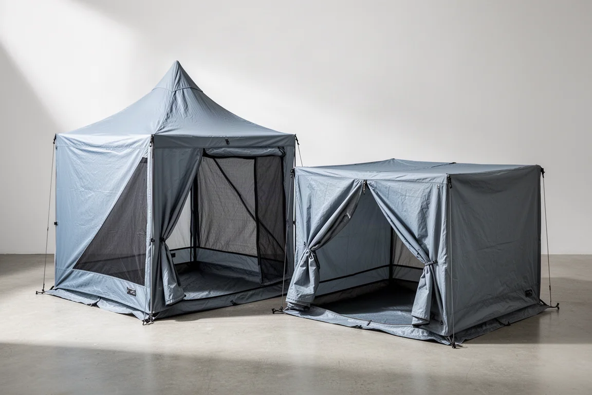 Two square OneTigris tarp shelters pitched side by side on a concrete surface