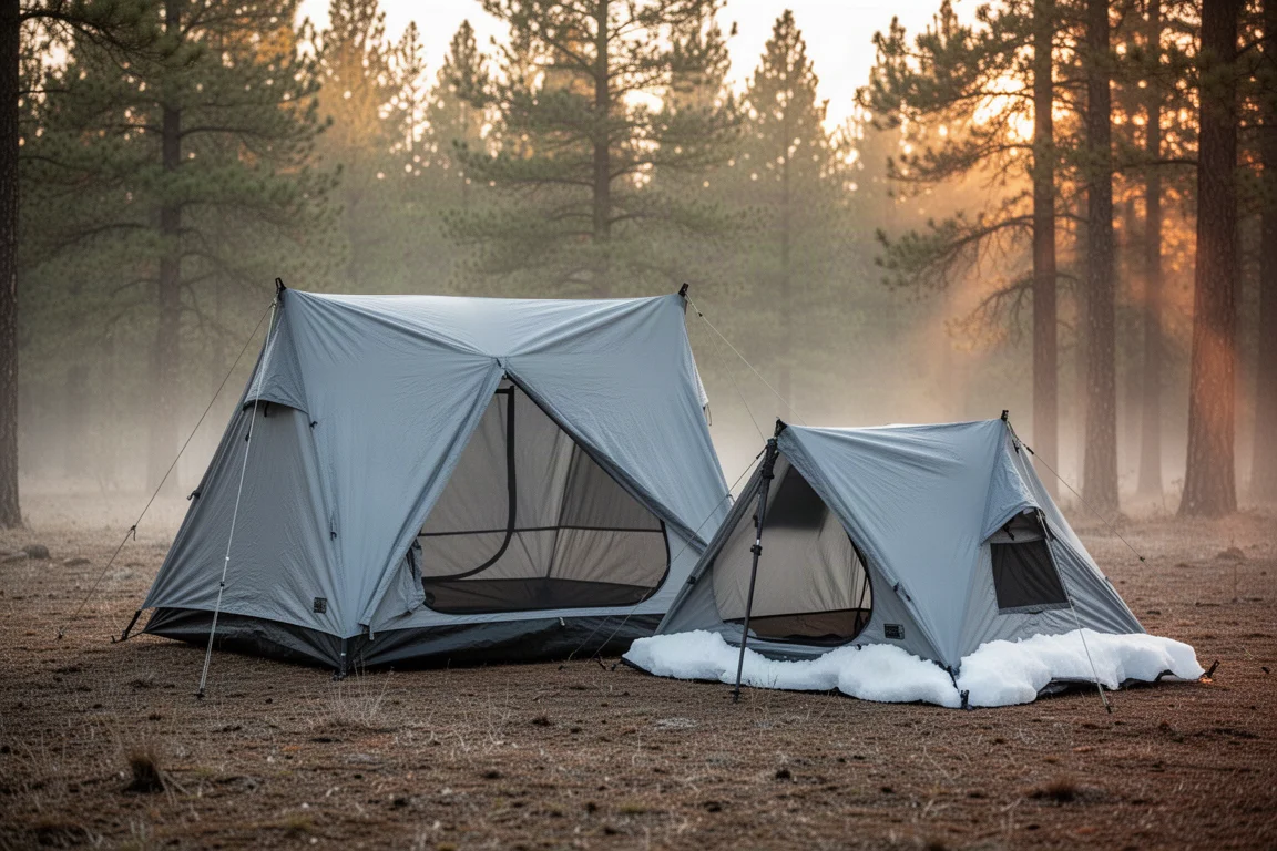 Two square trekking-pole shelters pitched side by side in a forest clearing at golden hour