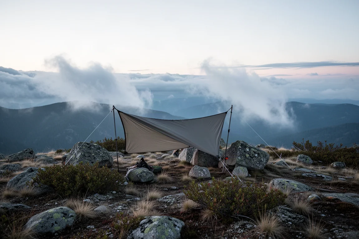 Small campsite on a high mountain ridge at dusk with a tarp windbreak and low cloud