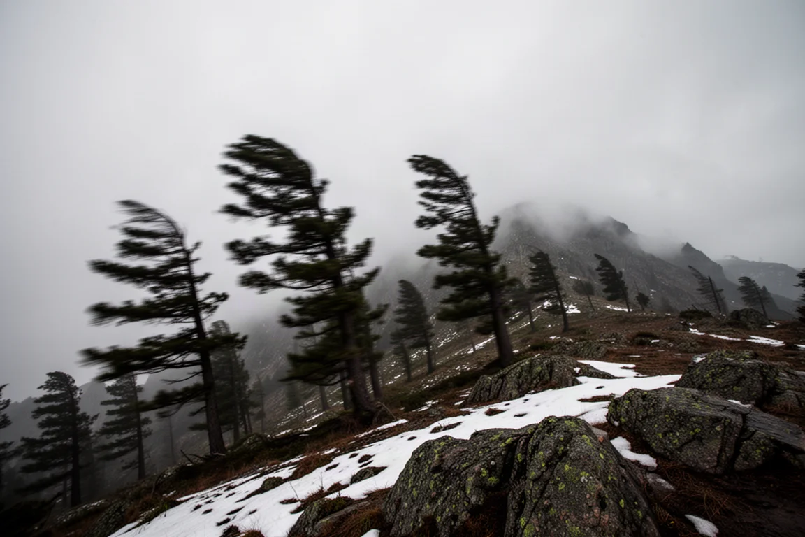 Tall conifers bending in strong wind on a mountainside under heavy low cloud