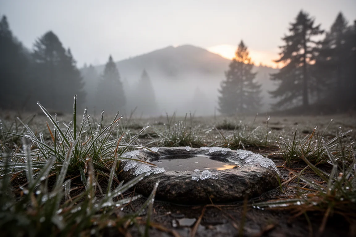 Ice-coated grass and wet rock at dawn with fog across a mountain campsite