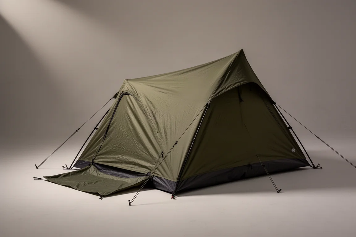 Compact lightweight camping tent with square footprint and rear-sloping profile on grey backdrop