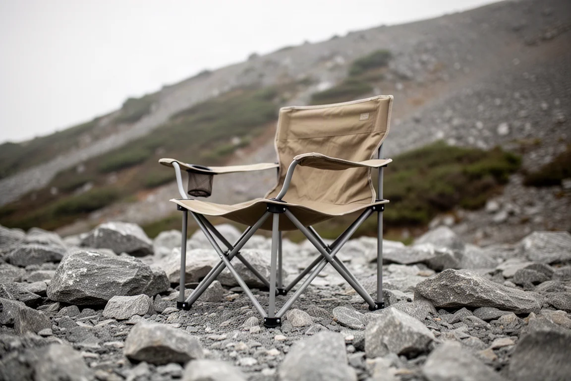 Sedia da campeggio su terreno roccioso e irregolare con una tenda sullo sfondo