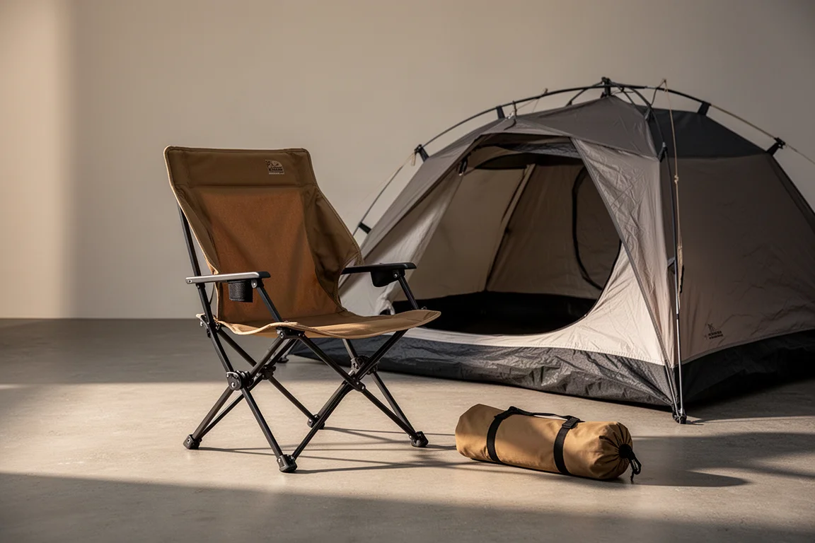 Coyote brown folding camp chair with black aluminium frame set up at a campsite