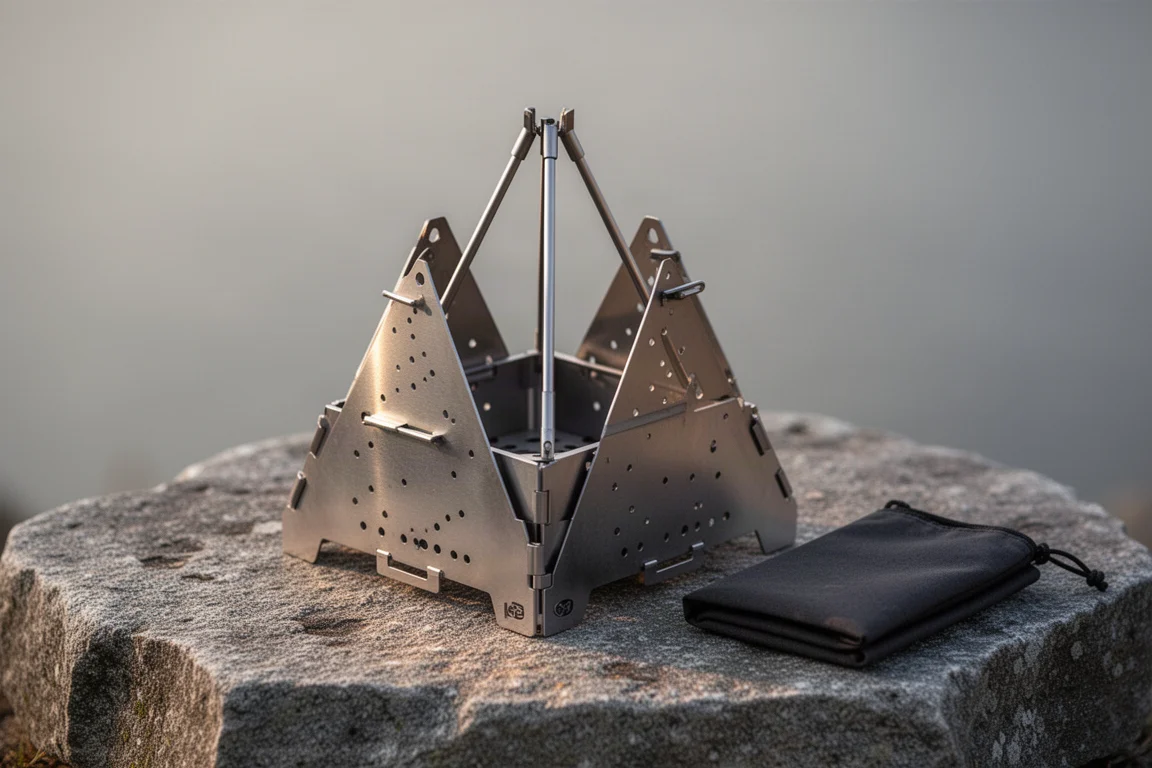 Folding titanium wood stove assembled on a stone slab with storage pouch beside it