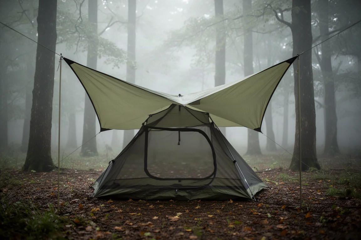 Tenda interna in zanzariera montata sotto un tarp in una radura boscosa all'alba