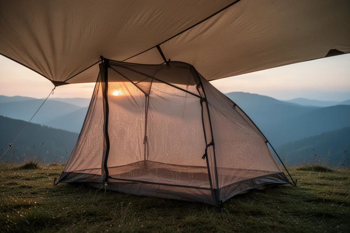 Rifugio in zanzariera e tarp coperti di rugiada all'alba in un campeggio di montagna