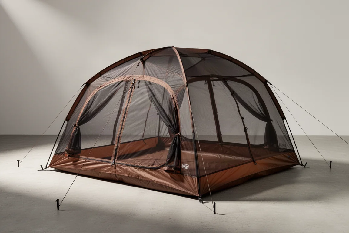 Brown two-person mesh inner tent with bathtub floor and three doors on a neutral surface