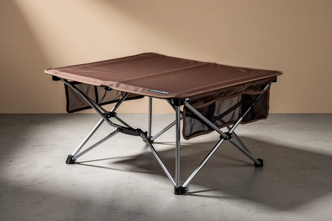 Coyote brown hopfällbart campingbord med aluminiumben och mesh-fickor på sidorna på betong