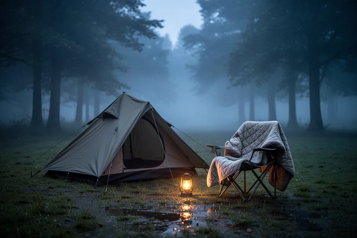 Piccolo campeggio al crepuscolo con tenda, sedia da campeggio e un poncho quilt drappeggiato sopra nella nebbia