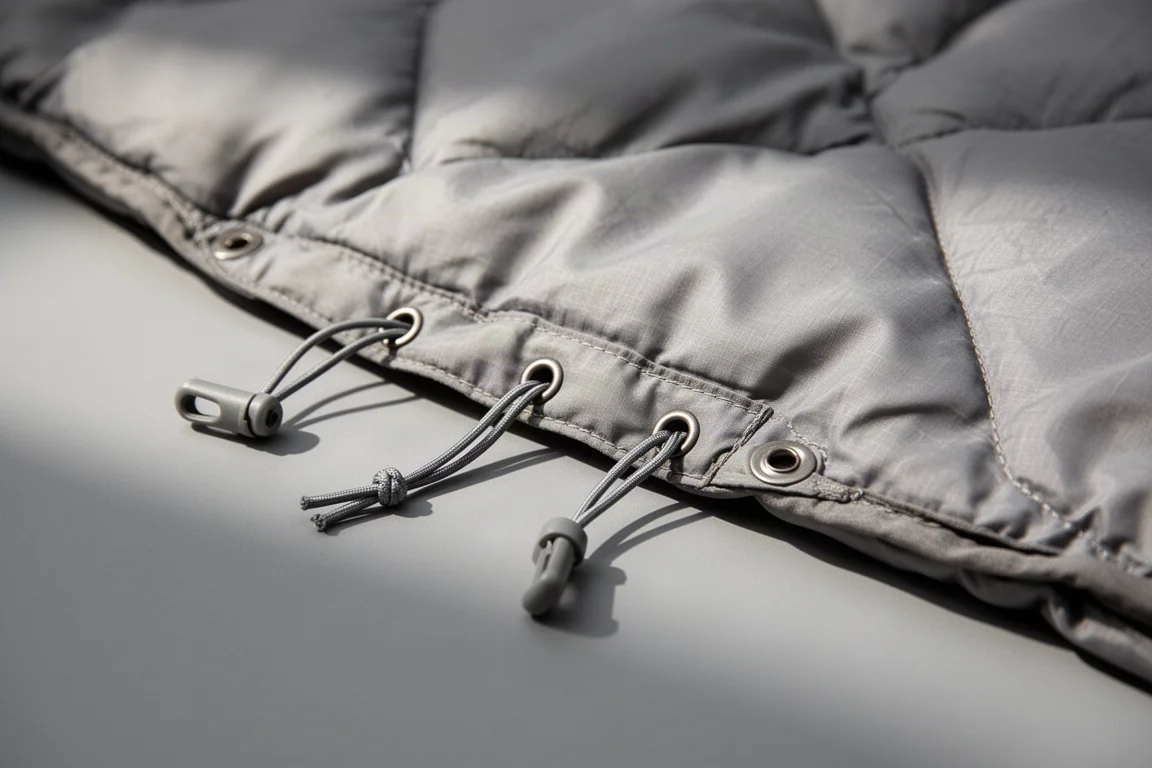 Primo piano dell'orlo di una coperta da campeggio trapuntata con bottoni a pressione, cordini e texture in nylon