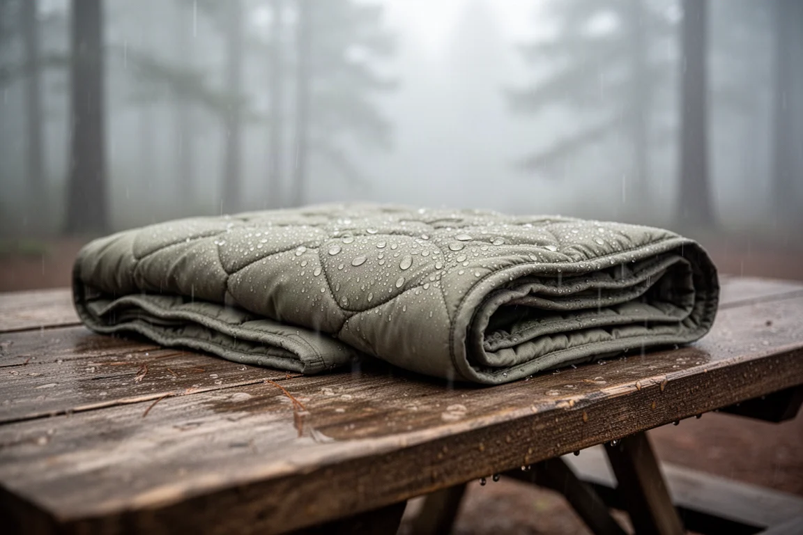 Pioggia che forma gocce sulla superficie di una coperta da campeggio trapuntata piegata su un tavolo da campeggio in legno