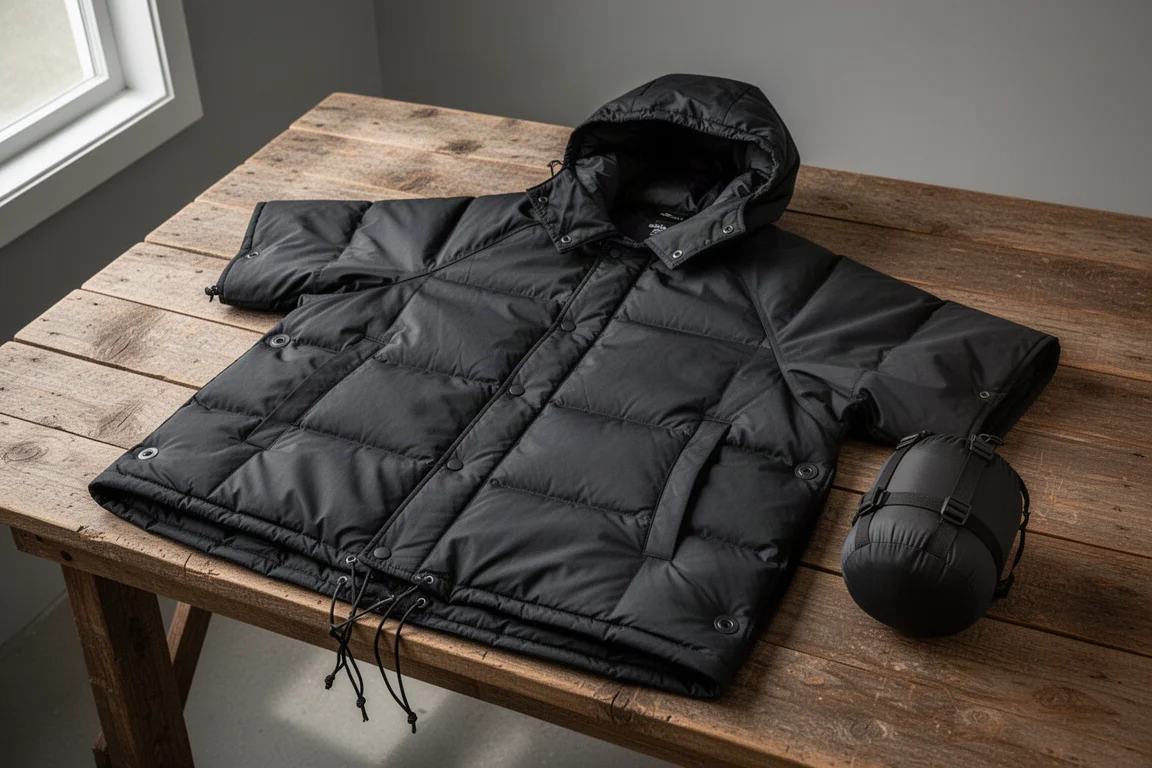 Black hooded insulated camp poncho laid open on a wooden table beside a stuff sack