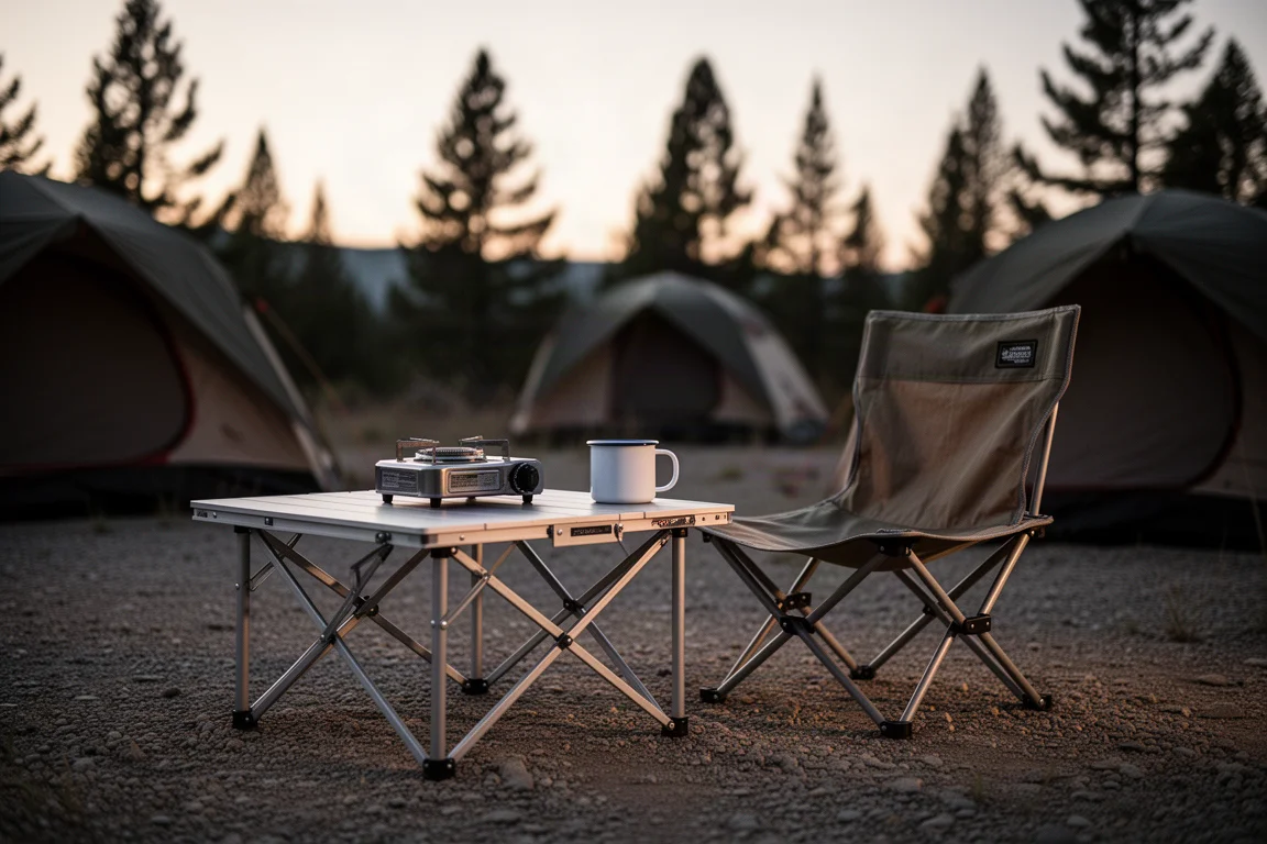 Compact camp table set beside a low folding chair on a gravel campsite at dusk