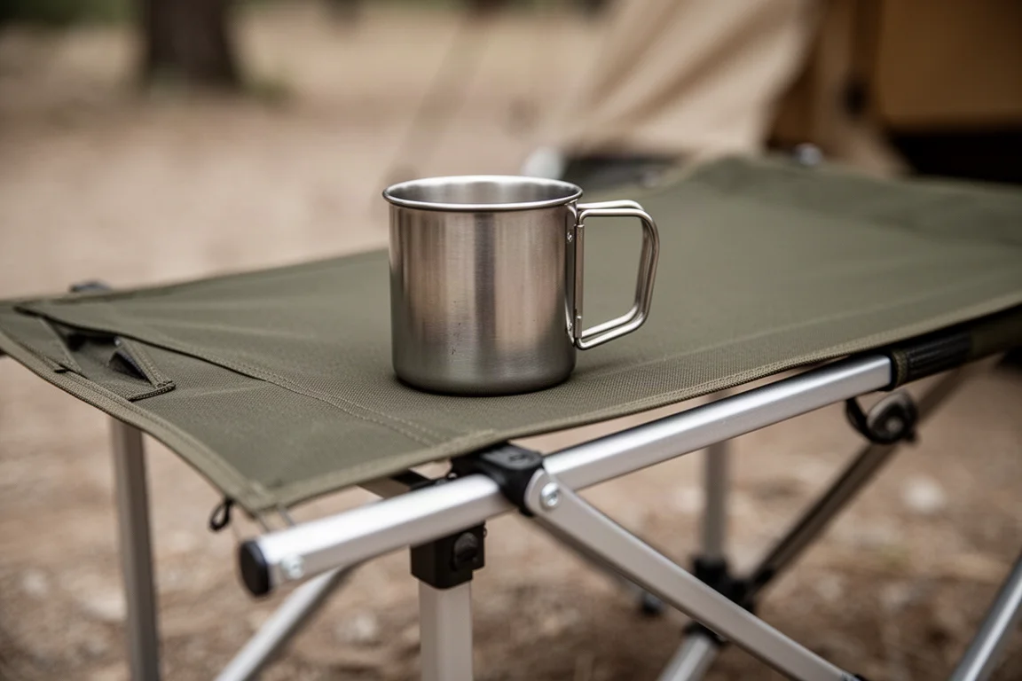 Close-up of a camping mug resting on a taut fabric camp tabletop